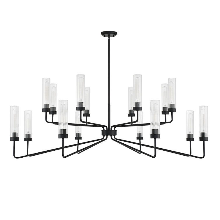 Baker Matte Black 16-Light Chandelier with Clear Ribbed Glass Shades