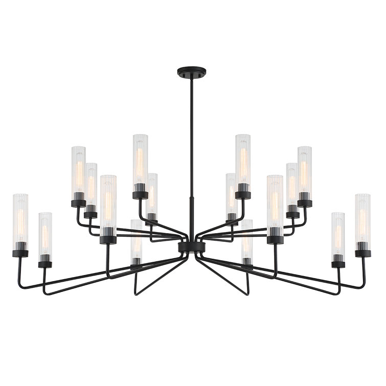 Baker Matte Black 16-Light Chandelier with Clear Ribbed Glass Shades