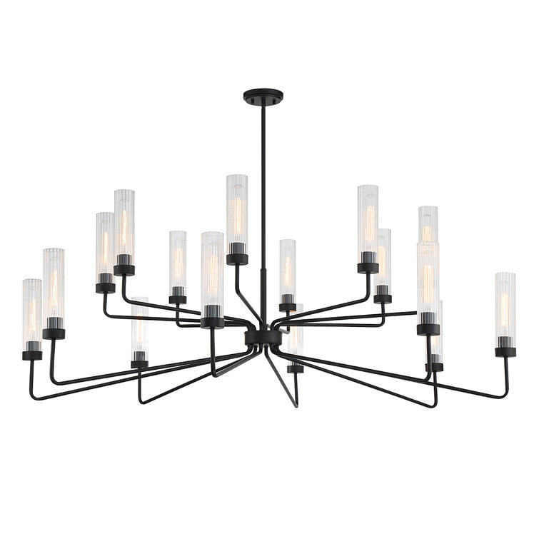 Baker Matte Black 16-Light Chandelier with Clear Ribbed Glass Shades