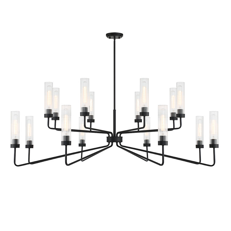 Baker Matte Black 16-Light Chandelier with Clear Ribbed Glass Shades