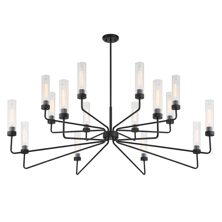 Baker Matte Black 16-Light Chandelier with Clear Ribbed Glass Shades
