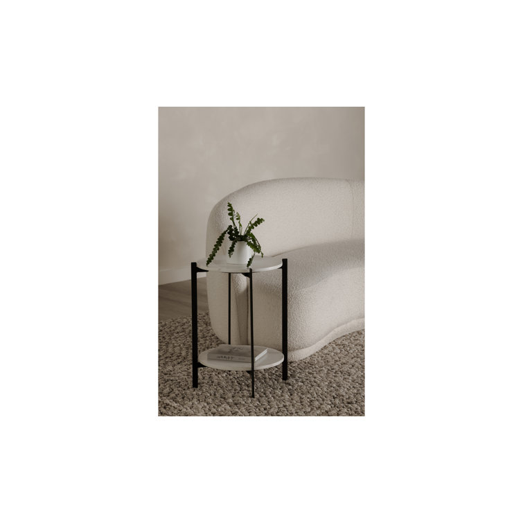 Blanche Round White Marble and Black Metal End Table