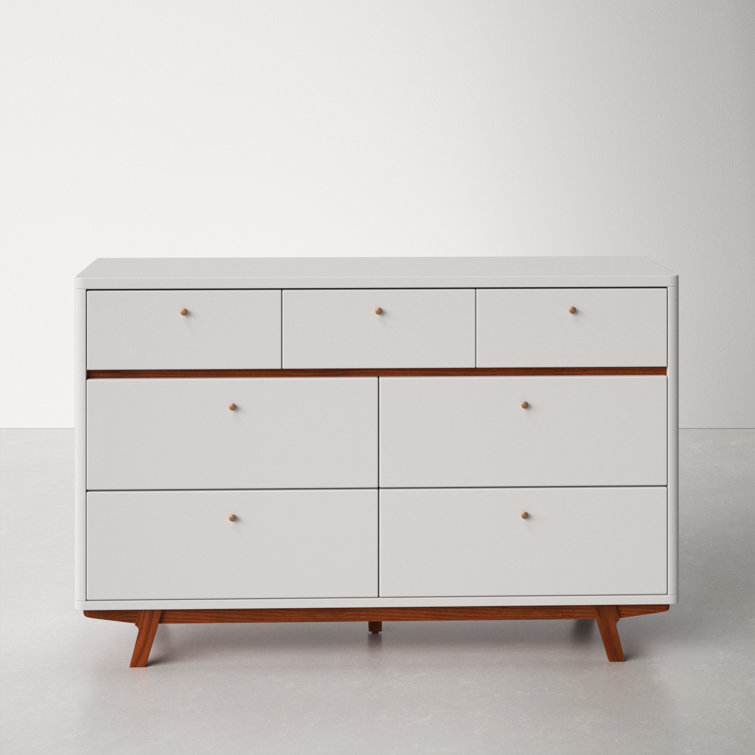 56" White and Brown Mahogany Mid-Century Modern Double Dresser