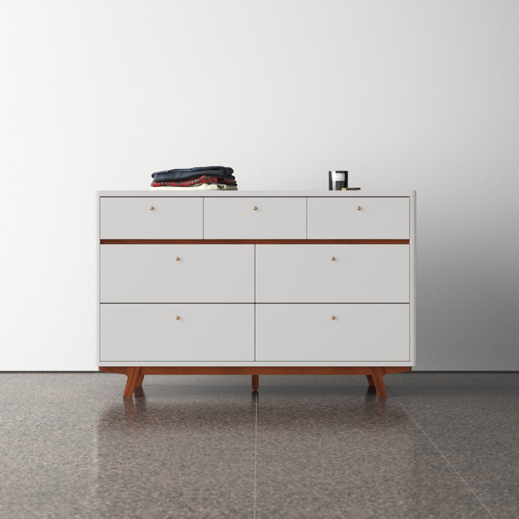 56" White and Brown Mahogany Mid-Century Modern Double Dresser