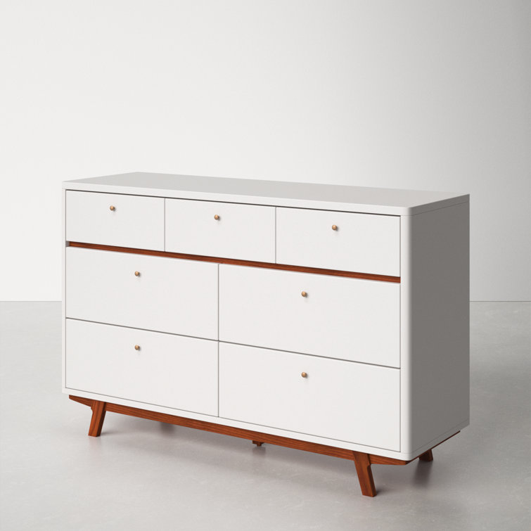 56" White and Brown Mahogany Mid-Century Modern Double Dresser