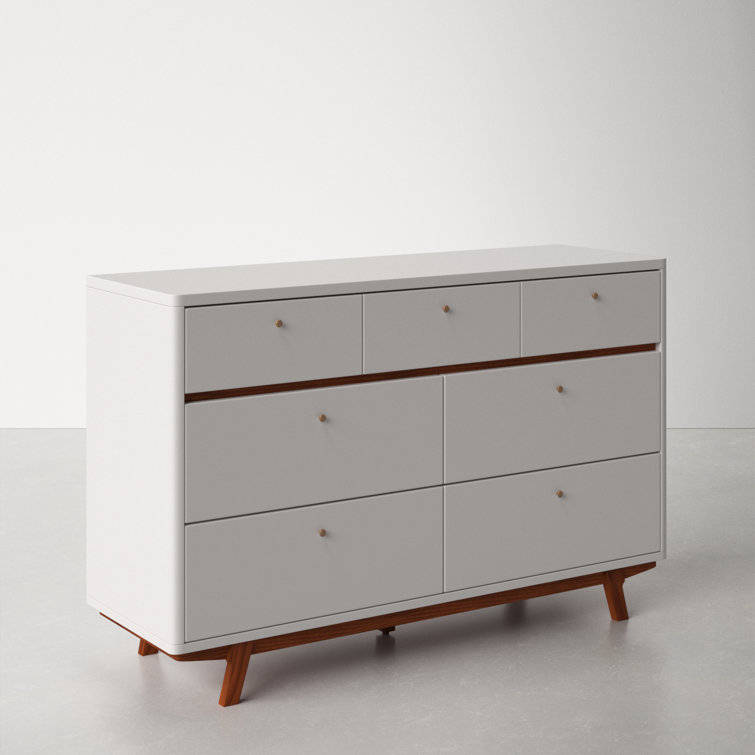 56" White and Brown Mahogany Mid-Century Modern Double Dresser