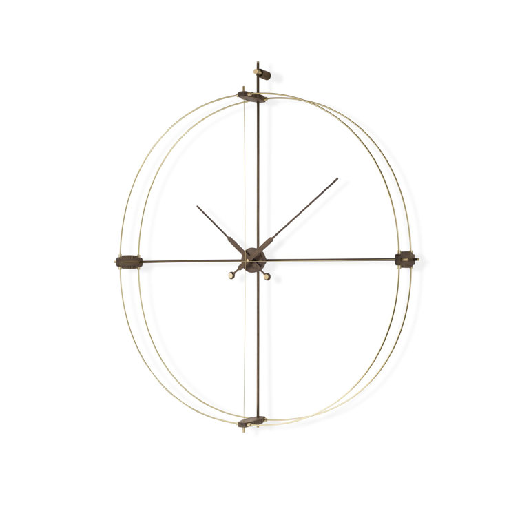 Oversized Brass and Walnut Round Skeleton Wall Clock