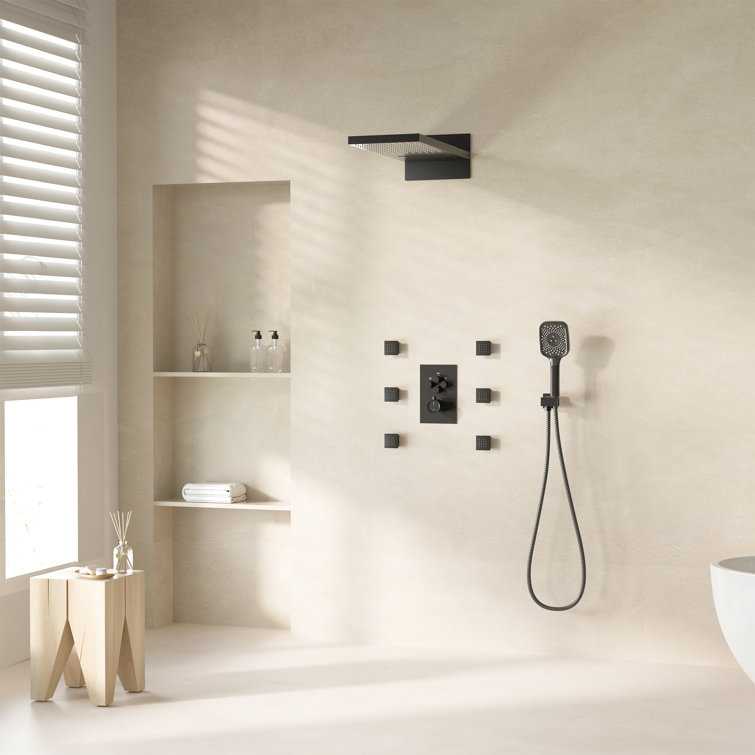 Matte Black Wall Mounted Rainfall Shower System with Body Jets