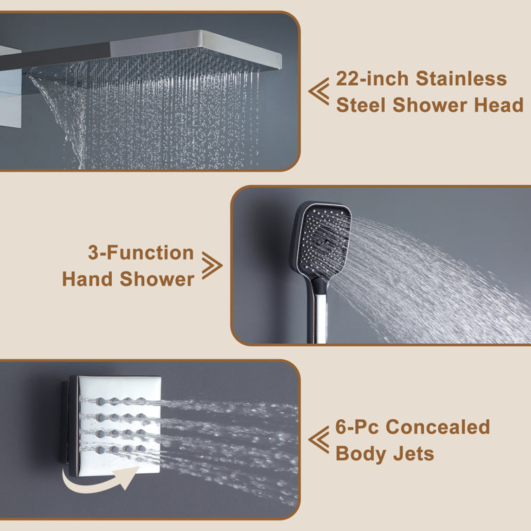 Chrome Dual-Function Wall Mounted Rainfall Shower System with Body Jets