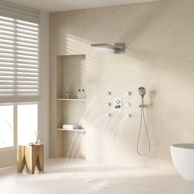Chrome Dual-Function Wall Mounted Rainfall Shower System with Body Jets