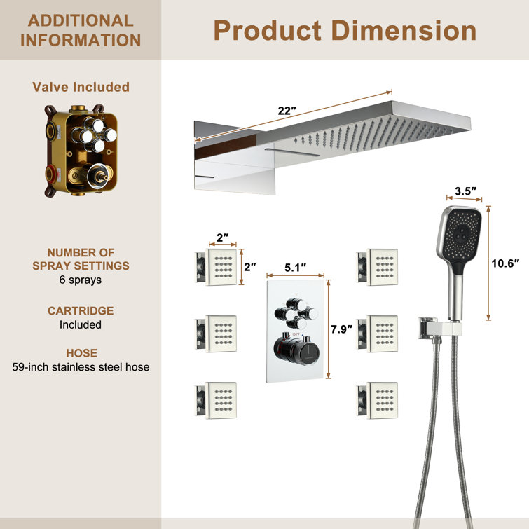 Chrome Dual-Function Wall Mounted Rainfall Shower System with Body Jets