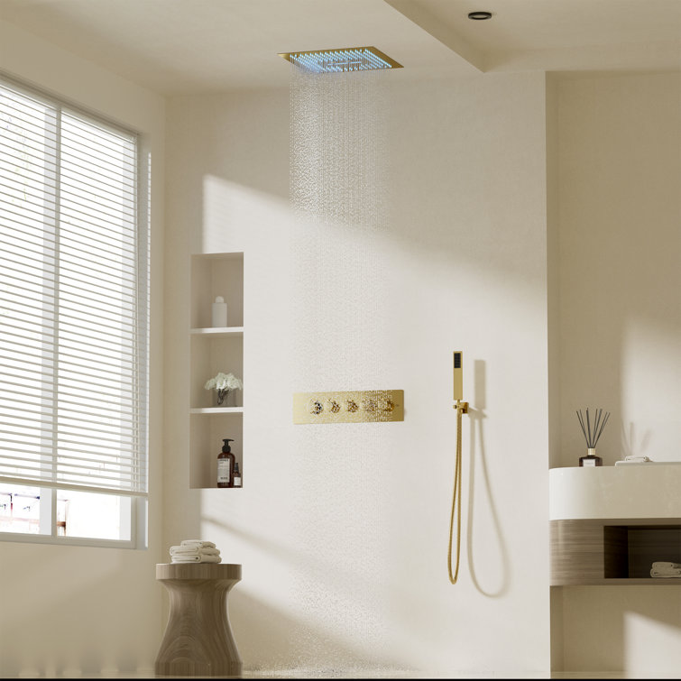 Brushed Gold 16" LED Rain Shower Set with Handheld