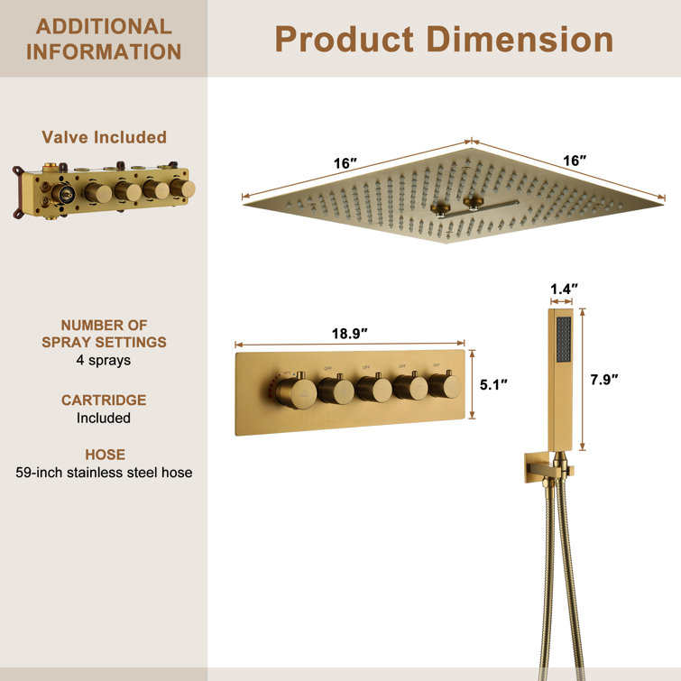 Brushed Gold 16" LED Rain Shower Set with Handheld
