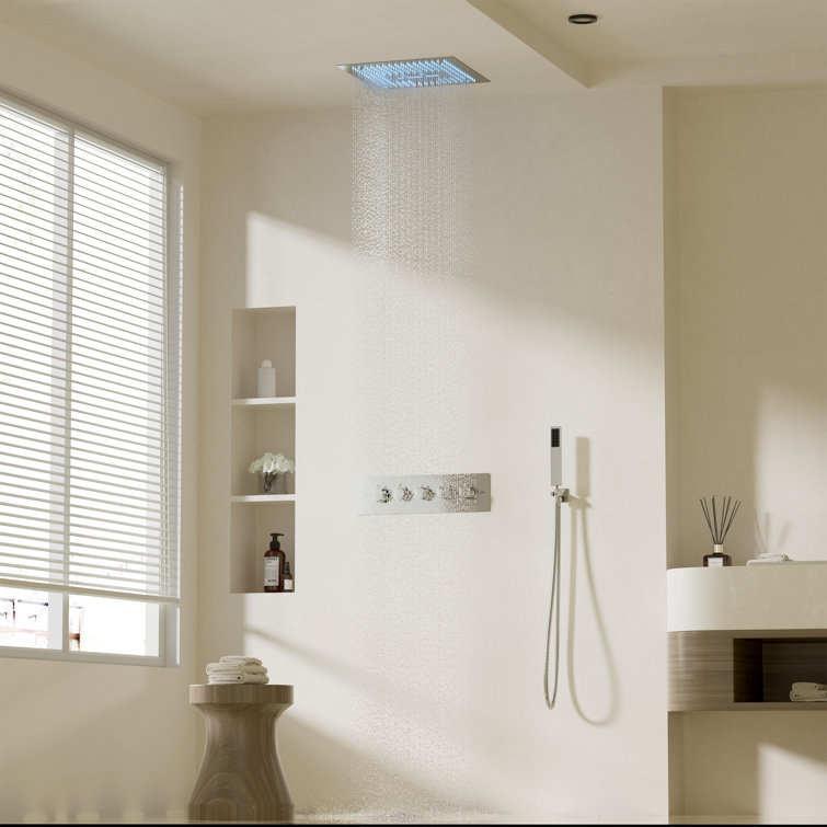 Brushed Nickel Dual Head LED Ceiling Mounted Rain Shower System