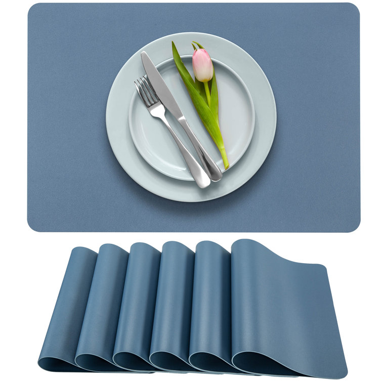 Solid Blue Faux Leather Rectangle Placemats, Set of 6