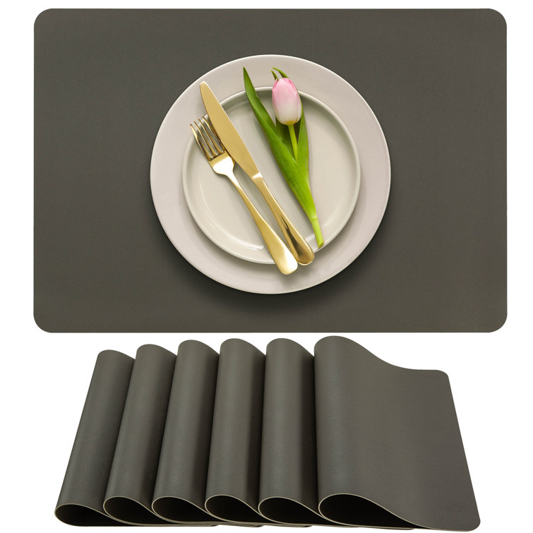 Solid Dark Gray Faux Leather Rectangle Placemats, Set of 6