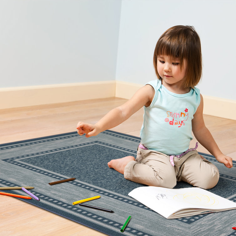 Blue and Gray Synthetic Non-Slip Rectangular Area Rug