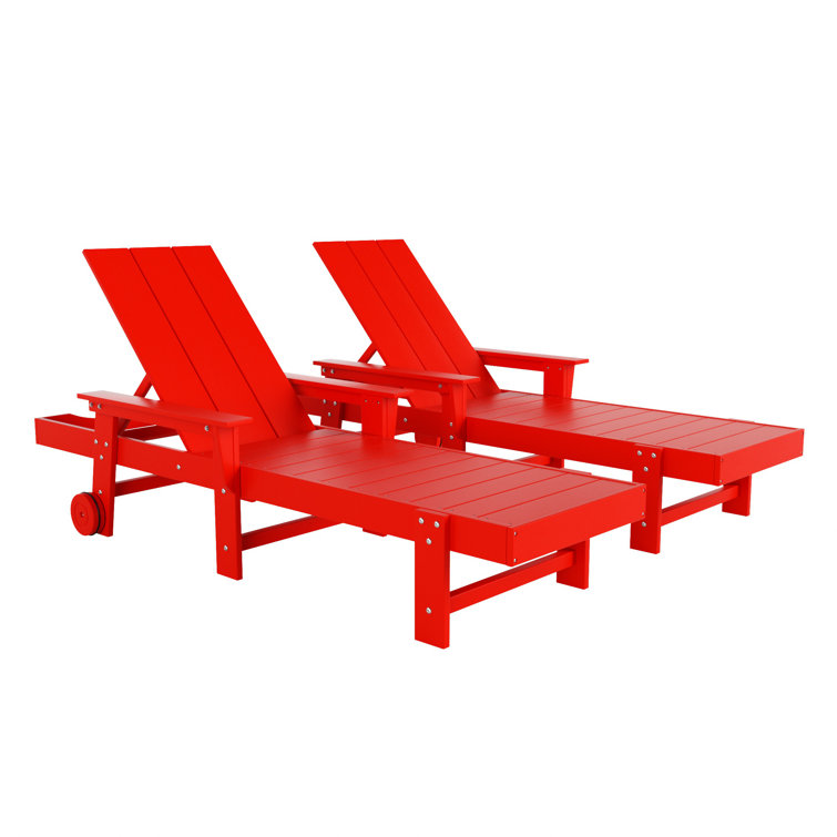 Red Poly All-Weather Chaise Lounge Set with Arms and Wheels