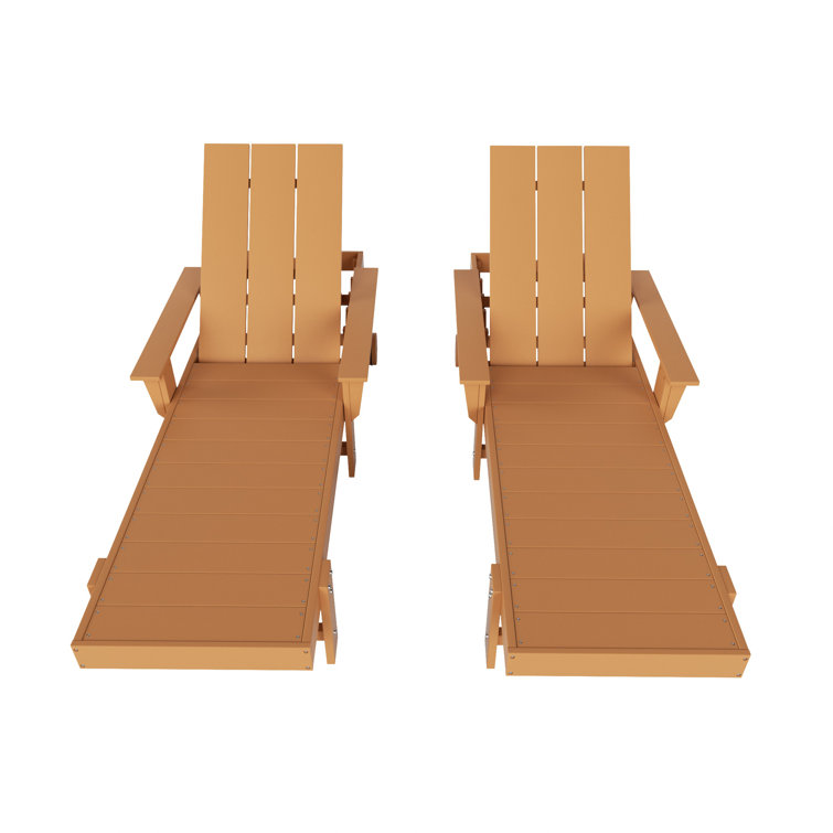 Teak Beige Plastic Outdoor Chaise Lounge Set with Arms and Wheels