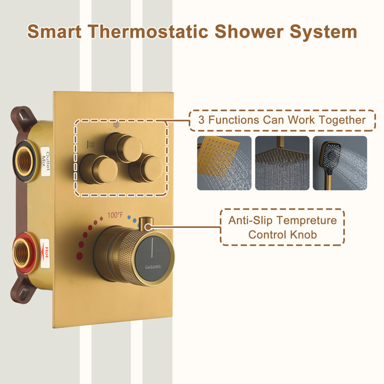 12-Inch Brushed Gold Thermostatic Dual Shower System with Handheld