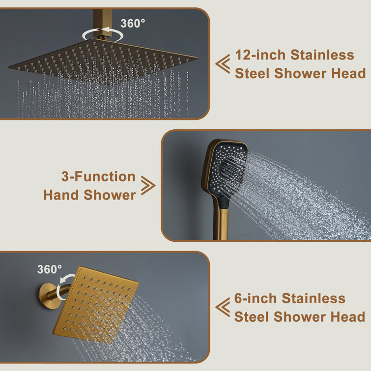 12-Inch Brushed Gold Thermostatic Dual Shower System with Handheld