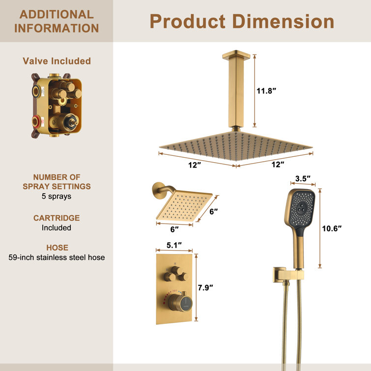 12-Inch Brushed Gold Thermostatic Dual Shower System with Handheld