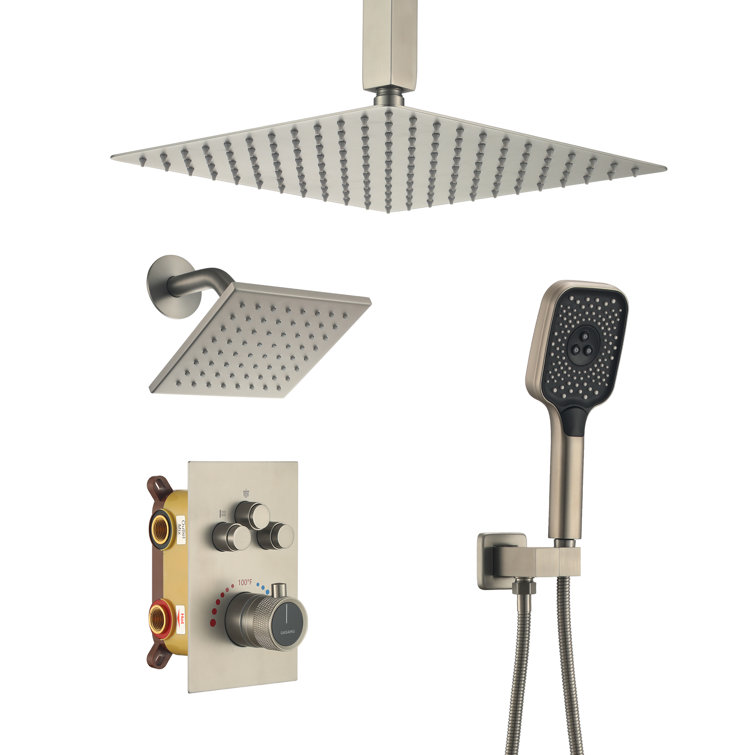 Brushed Nickel 12-Inch Dual Square Ceiling Mounted Shower System
