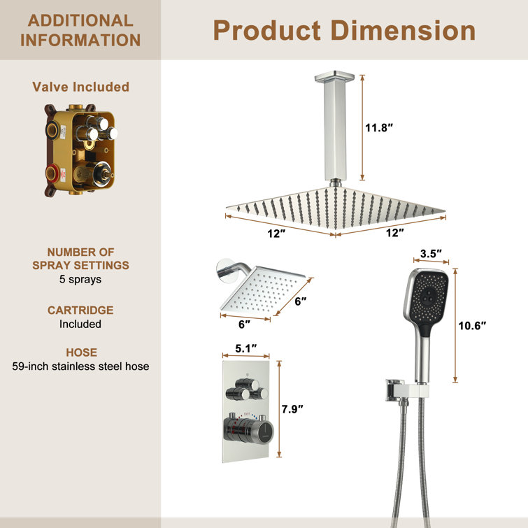 Chrome 12-Inch Dual Shower Head Thermostatic System with Handheld