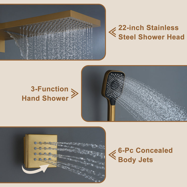 Brushed Gold Wall Mounted Multi-Head Shower System with Body Jets