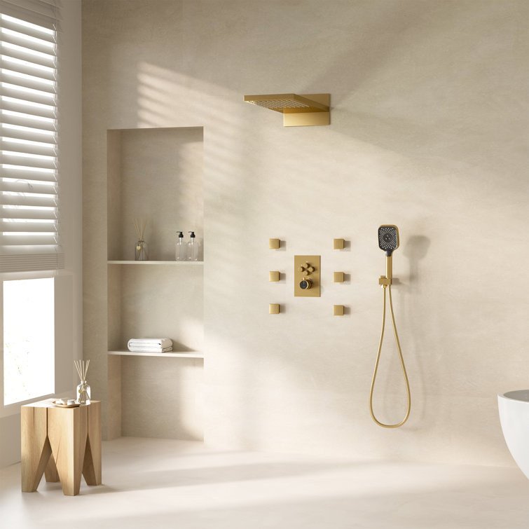 Brushed Gold Wall Mounted Multi-Head Shower System with Body Jets