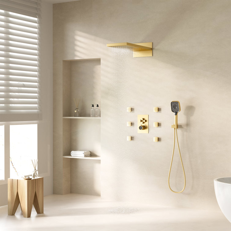 Brushed Gold Wall Mounted Multi-Head Shower System with Body Jets