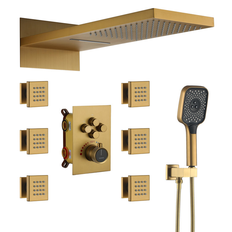Brushed Gold Wall Mounted Multi-Head Shower System with Body Jets