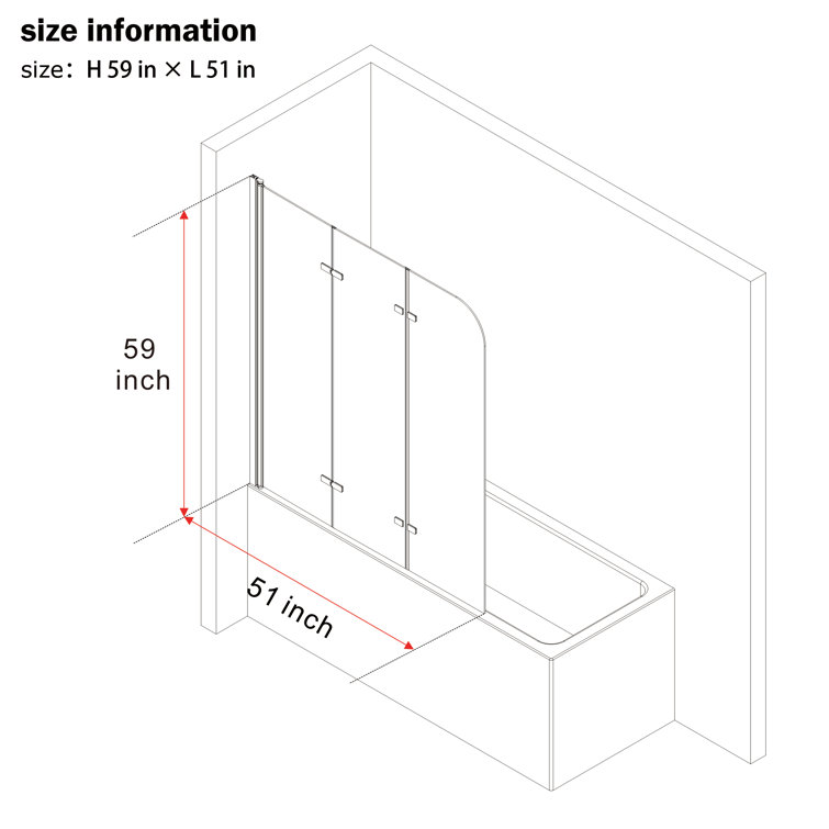 51'' Black Aluminum Frameless Folding Tub Door with Clear Tempered Glass