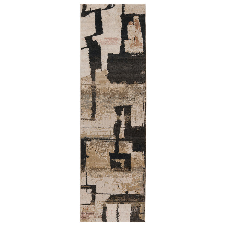 Ivory and Dark Brown Abstract Synthetic Runner Rug