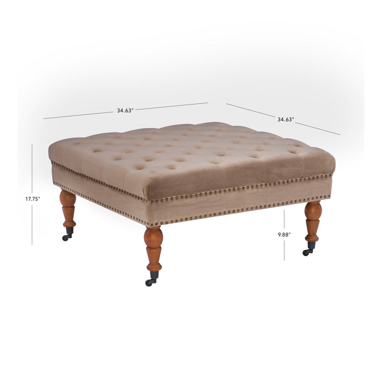 Vintage Tan Velvet Tufted Ottoman with Antique Brass Nailheads