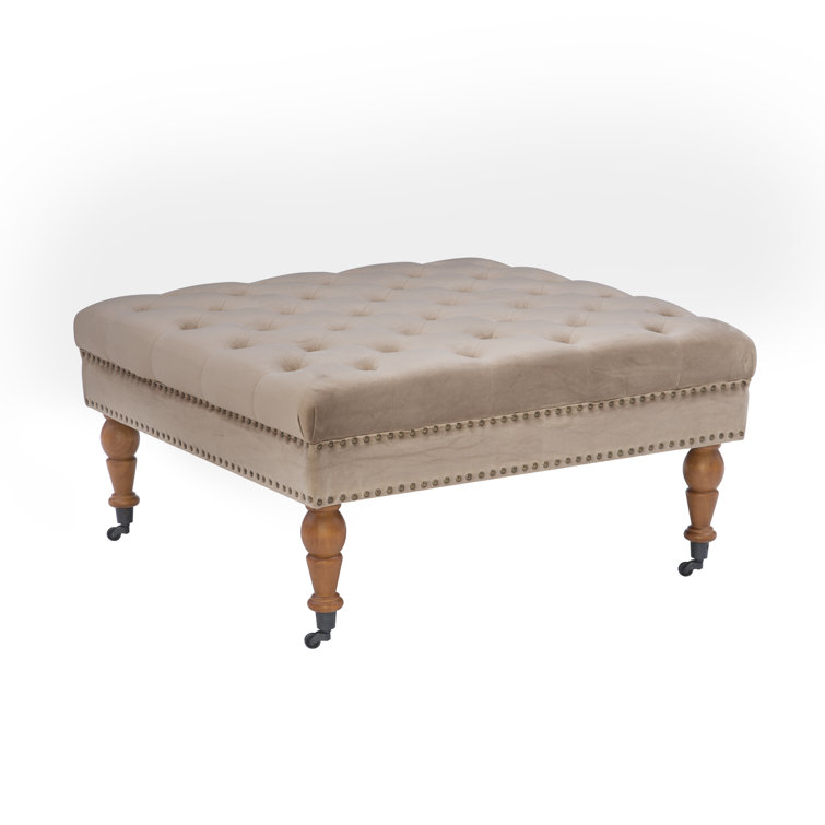 Vintage Tan Velvet Tufted Ottoman with Antique Brass Nailheads