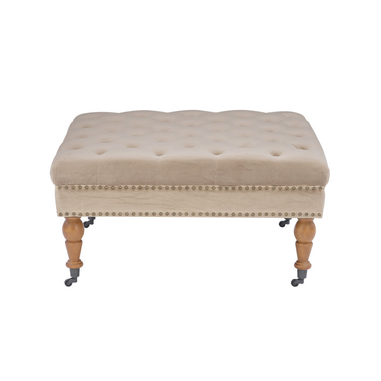 Vintage Tan Velvet Tufted Ottoman with Antique Brass Nailheads