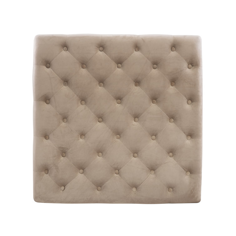Vintage Tan Velvet Tufted Ottoman with Antique Brass Nailheads