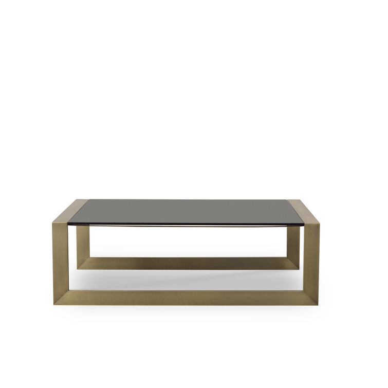 Modern Black Glass Cocktail Table with Satin Brass Base