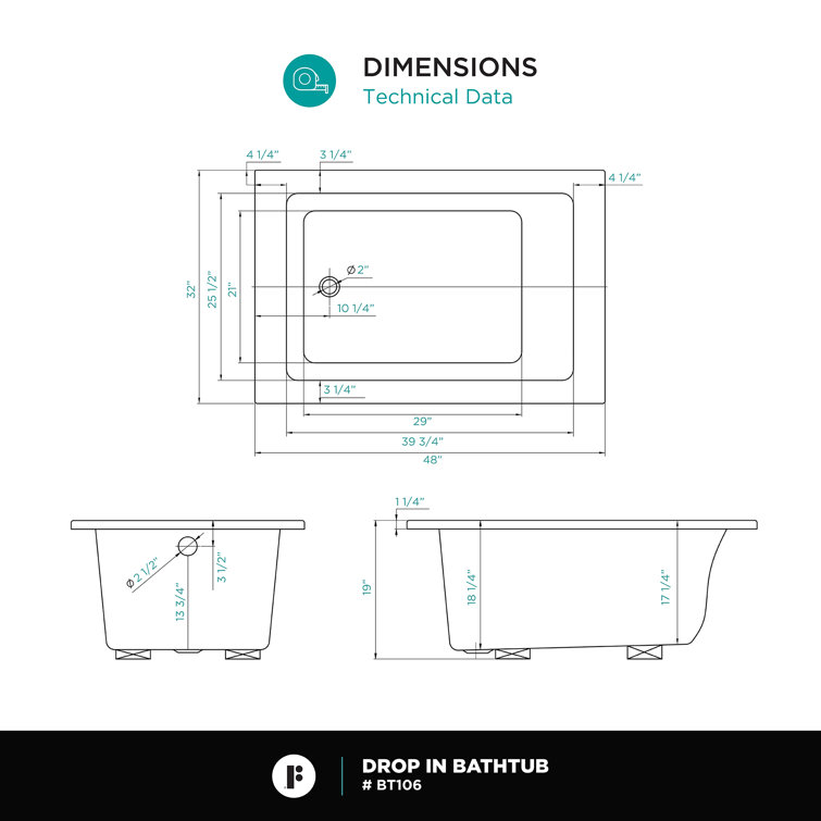 48" x 32" White Acrylic Drop-In Soaking Bathtub