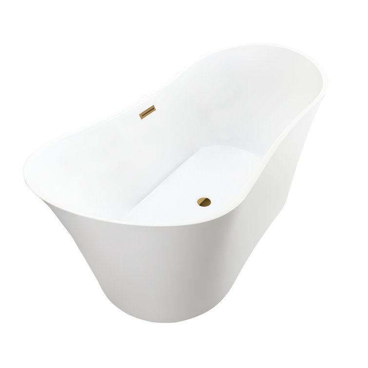67" White Acrylic Freestanding Soaking Bathtub with Gold Trim