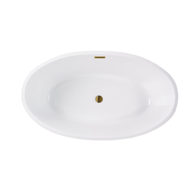 59" White Acrylic Freestanding Soaking Bathtub with Gold Accents
