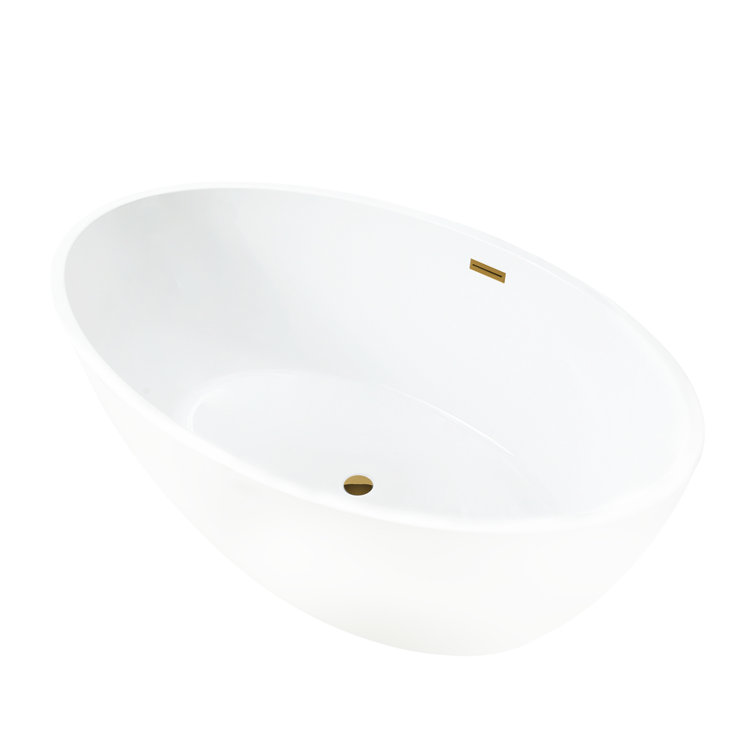 59" White Acrylic Freestanding Soaking Bathtub with Gold Accents