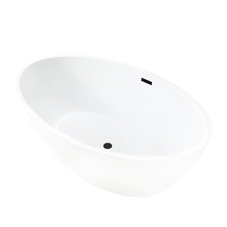 59" White Acrylic Freestanding Soaking Bathtub with Matte Black Drain