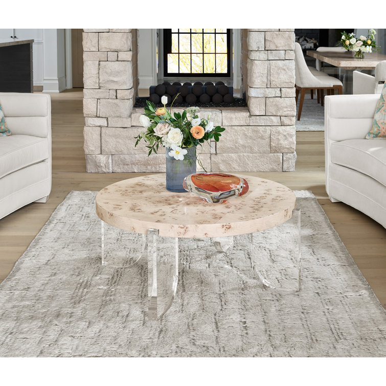 Beige Burl Wood and Acrylic Round Cocktail Table