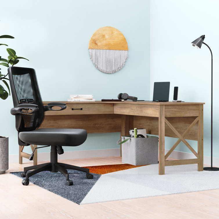 Rustic Oak L-Shaped Farmhouse Corner Desk with Drawer