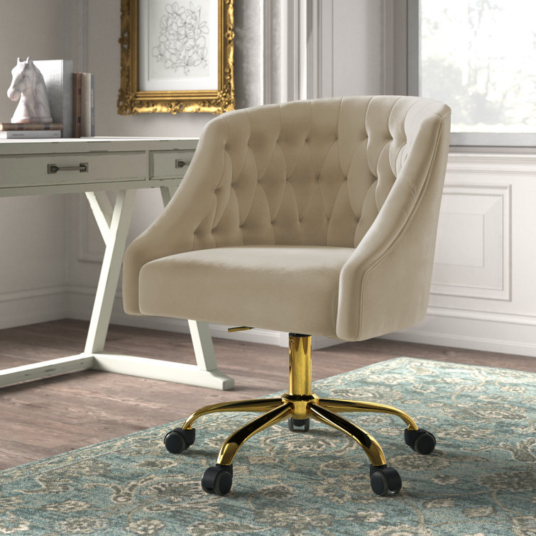 Tan Velvet Button-Tufted Swivel Task Chair with Gold Base