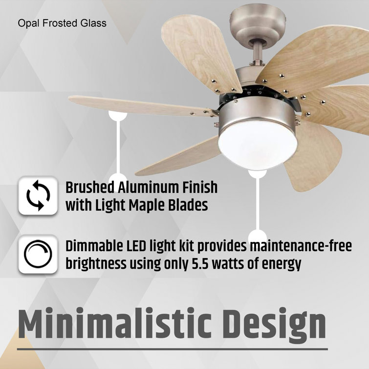 30'' Brushed Aluminum Ceiling Fan with Light Brown Blades and LED Light