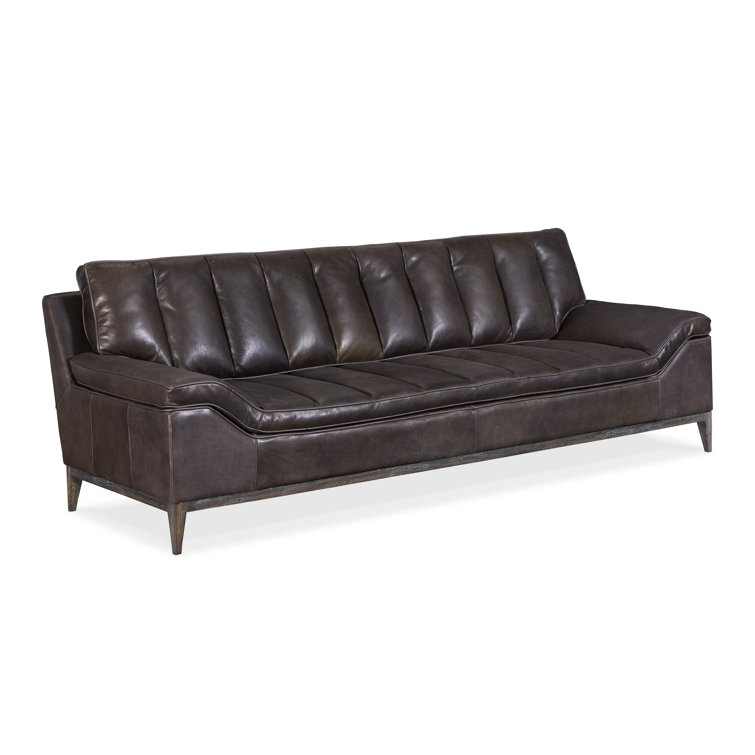 Kandor Tufted Black Leather Sofa with Nailhead Dark Wood Base