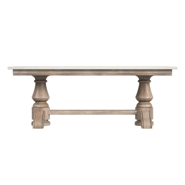 Rectangular Light Brown Wood and Marble Trestle Coffee Table